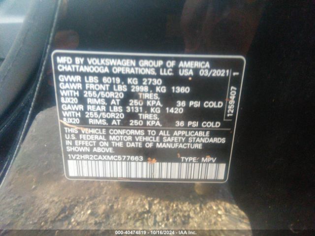 1V2HR2CAXMC577663 Volkswagen Atlas 3.6l V6 Se W/technology