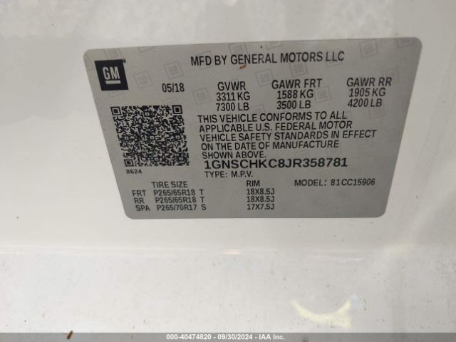 1GNSCHKC8JR358781 Chevrolet Suburban Lt