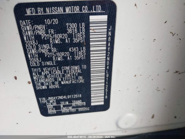 JN8AY2ND4L9112518 Nissan Armada Sl 2wd
