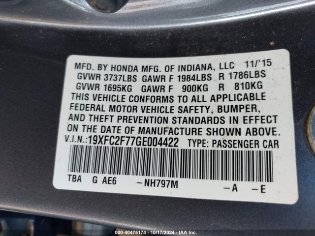 Honda CIVIC EX 2016 19XFC2F77GE004422 Image 9