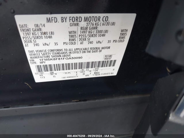 Ford Explorer Limited 2015 1FM5K8F81FGA50090 Image 9