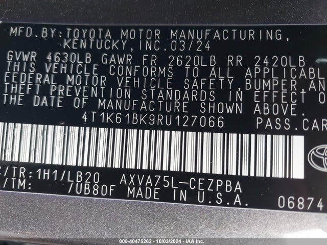 Toyota CAMRY XSE 2024 4T1K61BK9RU127066 Image 9