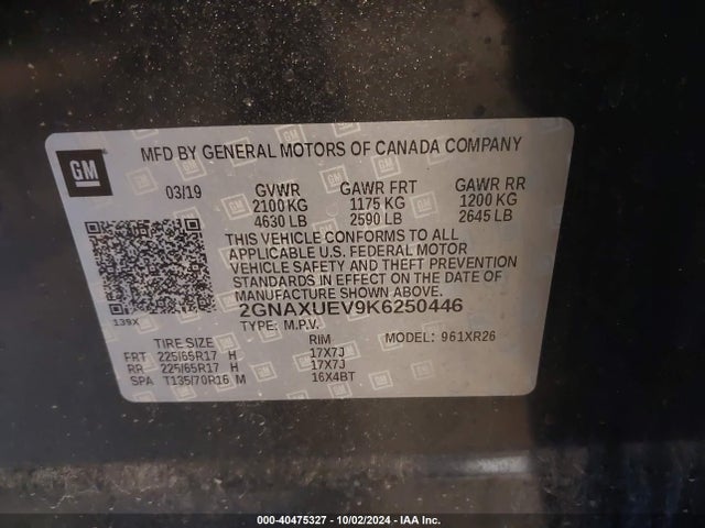 Chevrolet EQUINOX LT 2019 2GNAXUEV9K6250446 Image 9
