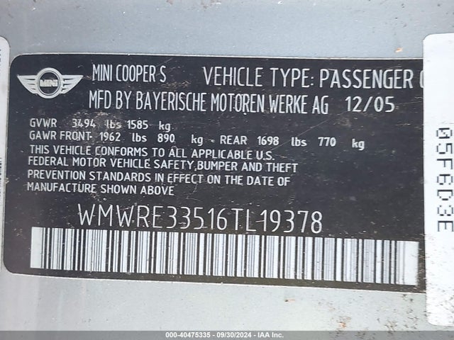 2006 MINI COOPER S WMWRE33516TL19378 Photo 8