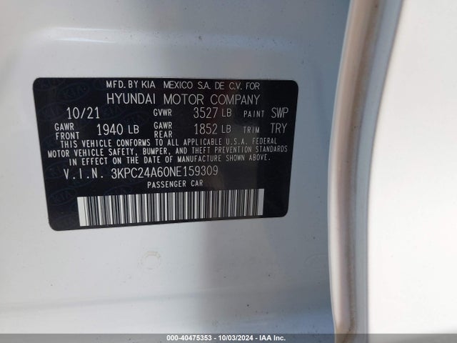 Hyundai ACCENT SE 2022 3KPC24A60NE159309 Image 9