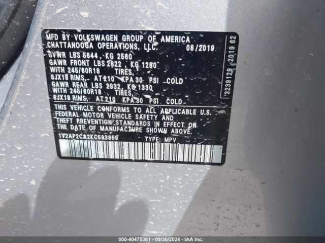 1V2AP2CA2KC593859 Volkswagen Atlas 2.0t S