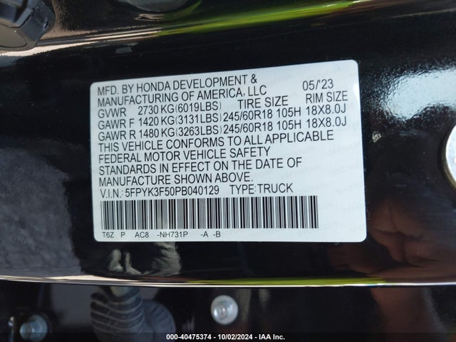 Honda Ridgeline Rtl 2023 5FPYK3F50PB040129 Image 9