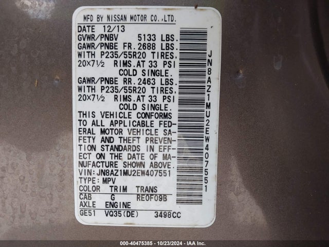 Nissan Murano Le 2014 JN8AZ1MU2EW407551 Image 9