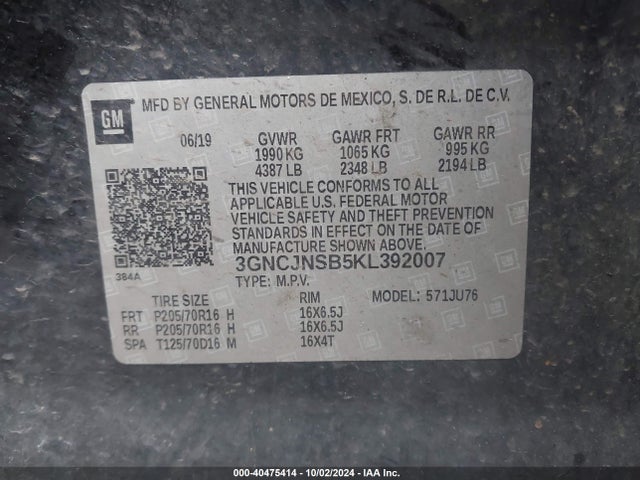 Chevrolet TRAX LS 2019 3GNCJNSB5KL392007 Image 9