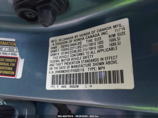 Honda CR-V LX 2015 2HKRM3H31FH505116 Image 9