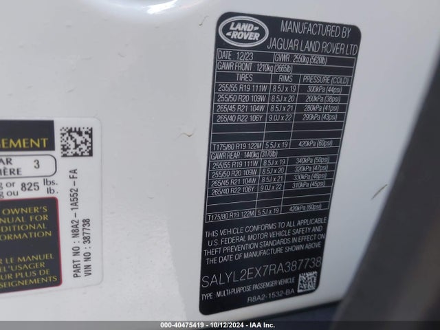 SALYL2EX7RA387738 Land Rover Range Rover Velar Dynamic Se