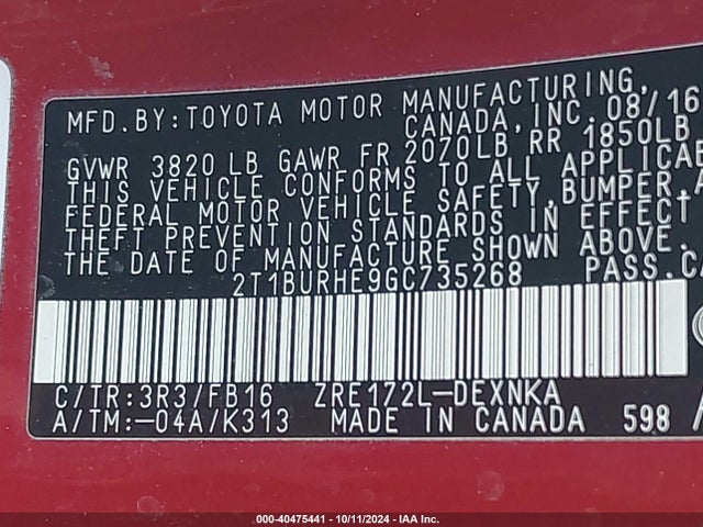 Toyota COROLLA LE 2016 2T1BURHE9GC735268 Image 9