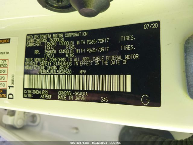 JTEBU5JR3L5828960 Toyota 4runner Sr5 Premium