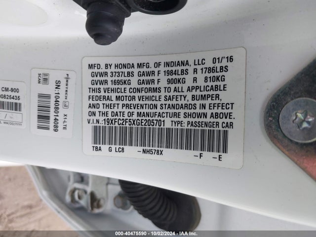 Honda Civic Lx 2016 19XFC2F5XGE205701 Image 9
