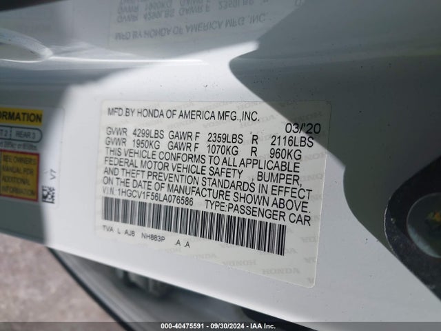 Honda Accord Ex-l 2020 1HGCV1F56LA076586 Image 9
