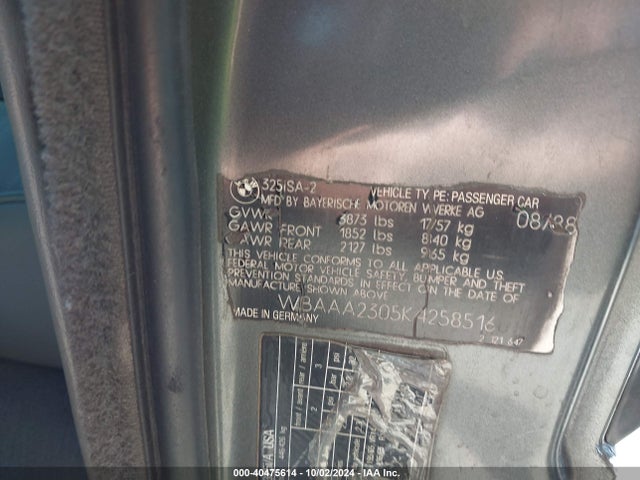 1989 Bmw 325 I Automatic/is Automatic მანქანა იყიდება აუქციონზე, vin: WBAAA2305K4258516, აუქციონის ნომერი: 40475614