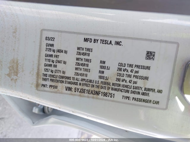 2022 TESLA MODEL 3 5YJ3E1EA3NF198751 Photo 8