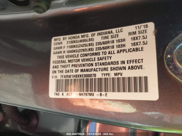 7FARW1H8XKE000070 Honda Cr-v Ex-l