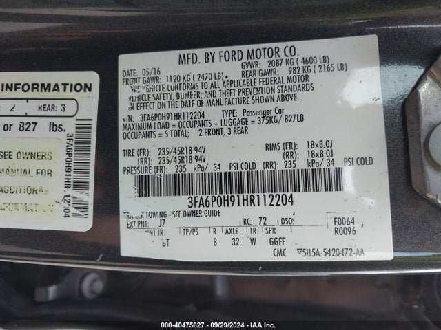 Ford FUSION SE 2017 3FA6P0H91HR112204 Image 9