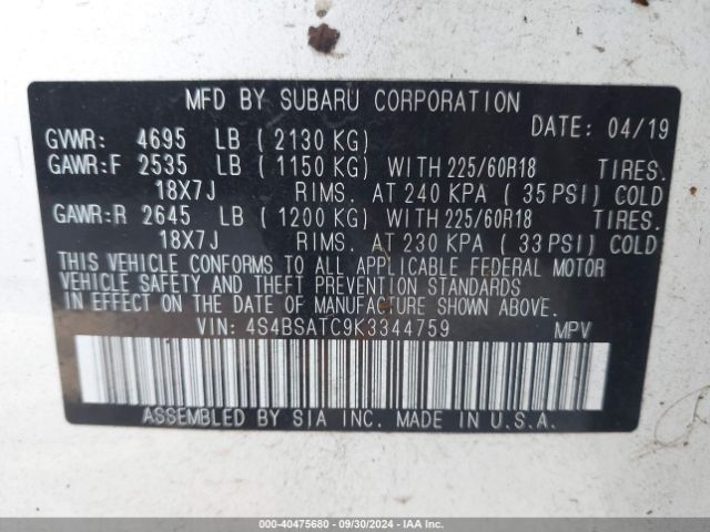 4S4BSATC9K3344759 Subaru Outback 2.5i Touring