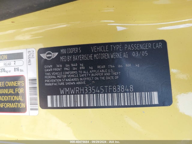 2005 MINI COOPER S WMWRH33545TF83848 Photo 8