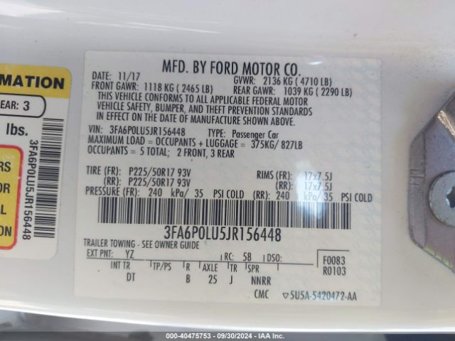 3FA6P0LU5JR156448 Ford Fusion Hybrid Se