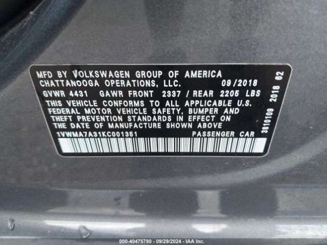 1VWMA7A31KC001351 Volkswagen Passat 2.0t Se R-line