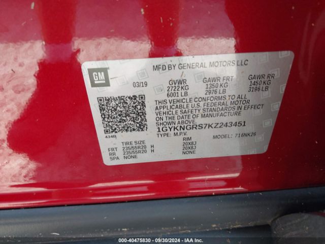 1GYKNGRS7KZ243451 Cadillac Xt5 Platinum