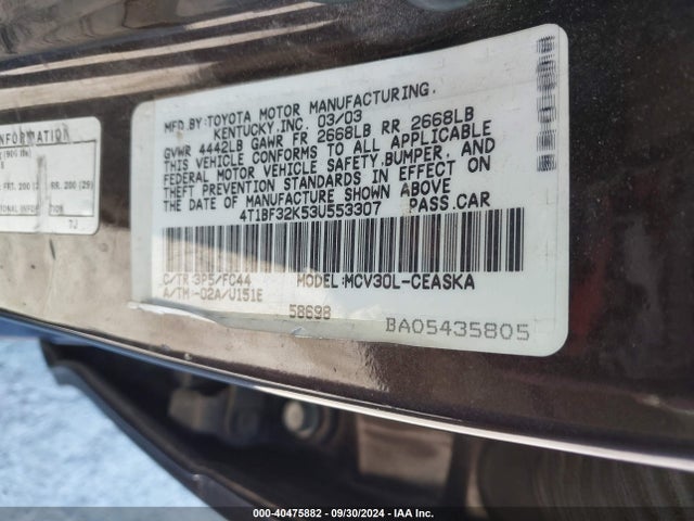 40475882 :رقم المزاد ، 4T1BF32K53U553307 vin ، 2003 Toyota Camry Se V6 مزاد بيع