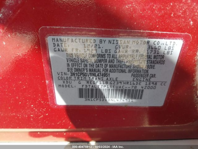 3N1CP5DV8NL474951 Nissan Kicks Sr Xtronic Cvt