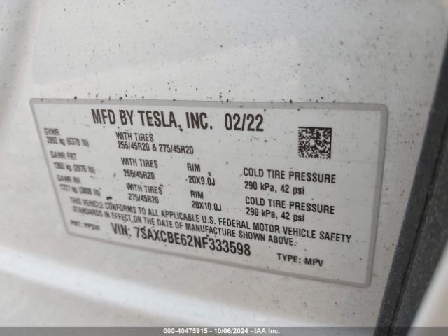 7SAXCBE62NF333598 Tesla Model X Plaid Tri Motor All-wheel Drive