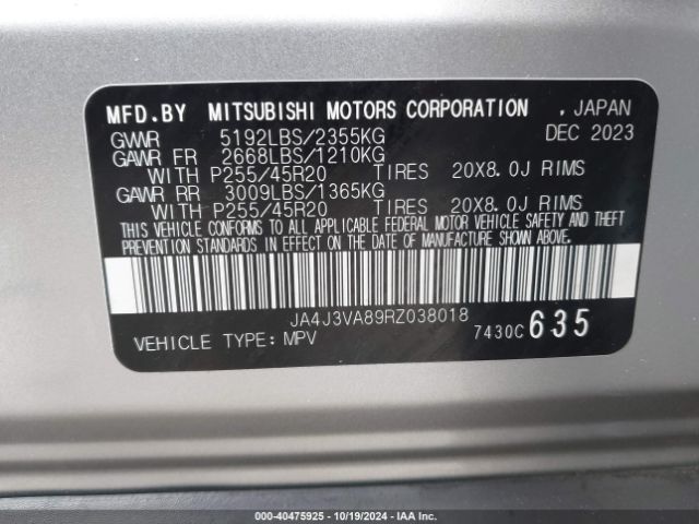 JA4J3VA89RZ038018 Mitsubishi Outlander Se 2.5 2wd
