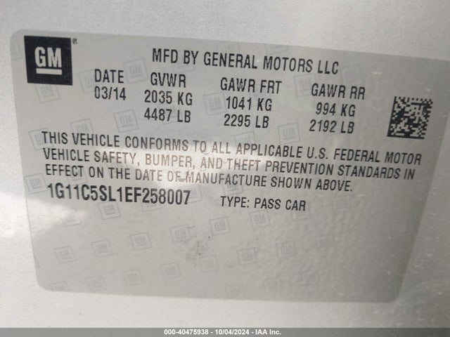 Chevrolet MALIBU 1LT 2014 1G11C5SL1EF258007 Image 9