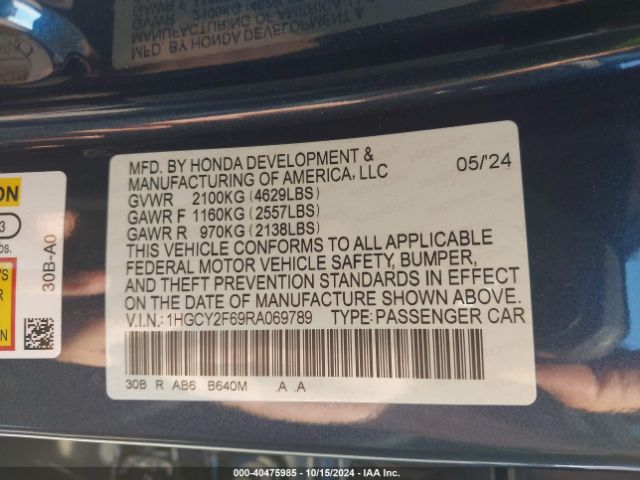 1HGCY2F69RA069789 Honda Accord Hybrid Ex-l