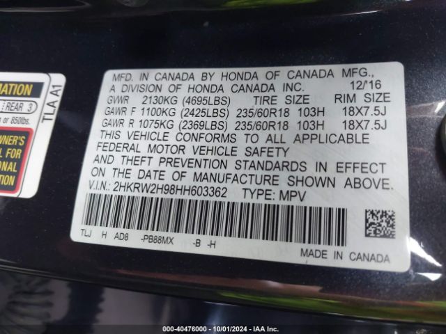 2HKRW2H98HH603362 Honda Cr-v Touring