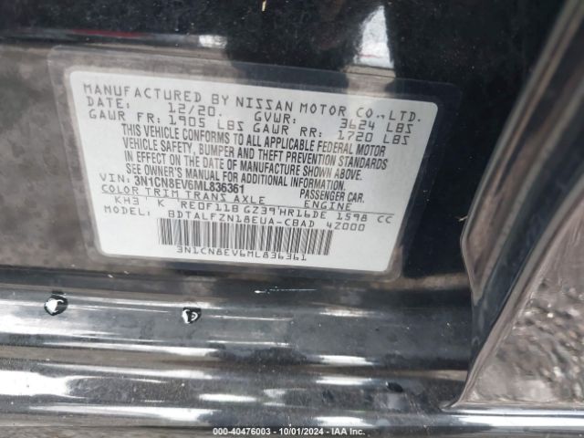 3N1CN8EV6ML836361 Nissan Versa Sv Xtronic Cvt