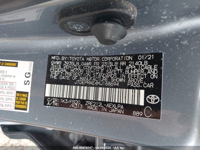 Toyota COROLLA LE 2021 JTDEPMAE4MJ168694 Image 9