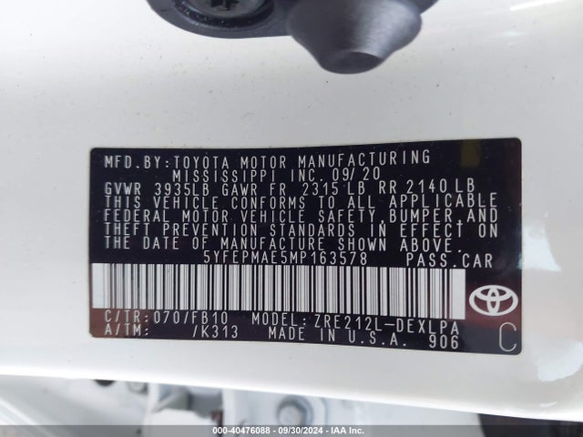 Toyota COROLLA LE 2021 5YFEPMAE5MP163578 Image 9
