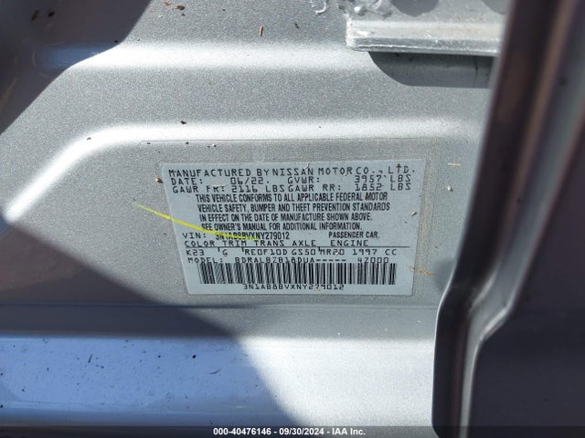 Nissan Sentra S Xtronic Cvt 2022 3N1AB8BVXNY279012 Image 9