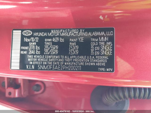 5NMJF3AE2PH200211 Hyundai TUCSON SEL