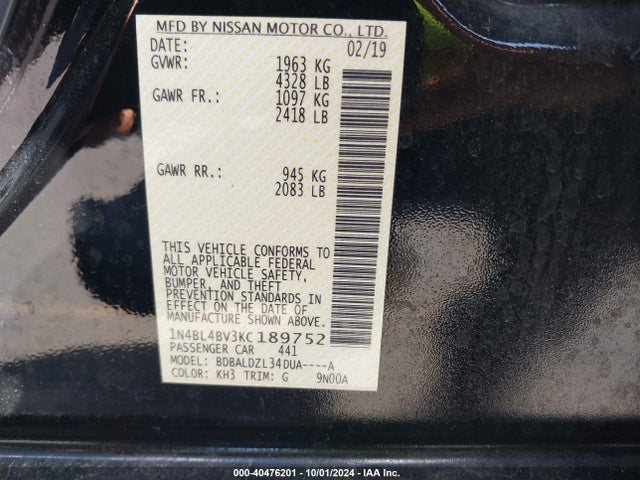 Nissan Altima 2.5 S 2019 1N4BL4BV3KC189752 Image 9
