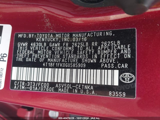 Toyota CAMRY LE 2016 4T1BF1FK0GU585909 Image 9