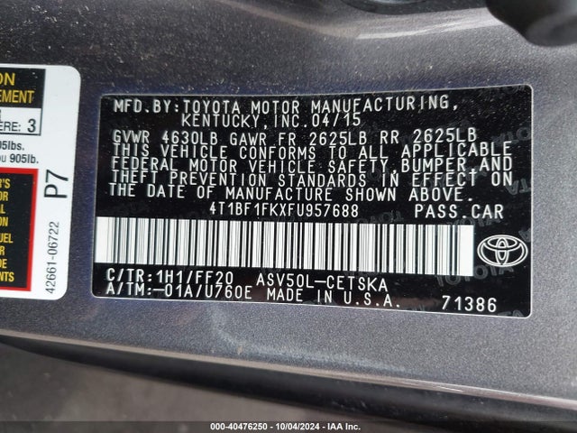 Toyota CAMRY SE 2015 4T1BF1FKXFU957688 Image 9