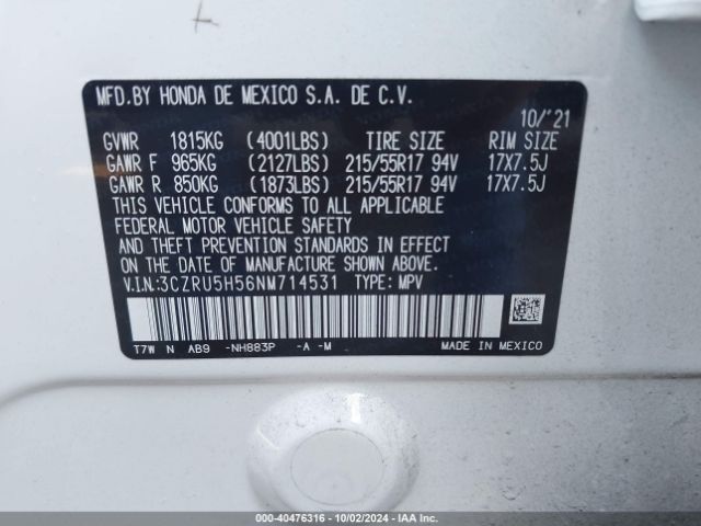 3CZRU5H56NM714531 Honda Hr-v 2wd Ex