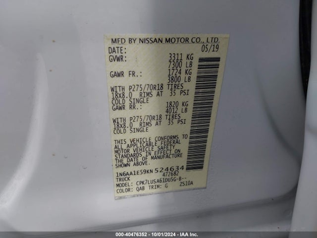 Nissan Titan Pro-4x 2019 1N6AA1E59KN524634 Image 9