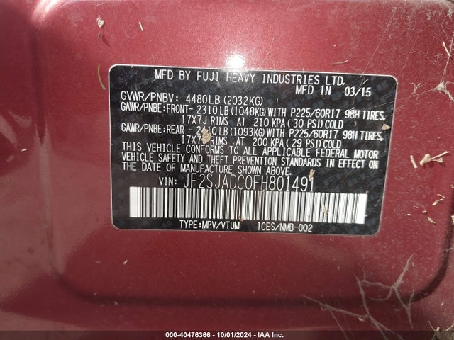 Subaru Forester 2.5i Premium 2015 JF2SJADC0FH801491 Image 9