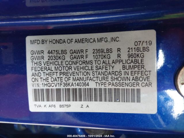 1HGCV1F36KA140364 Honda Accord Sport