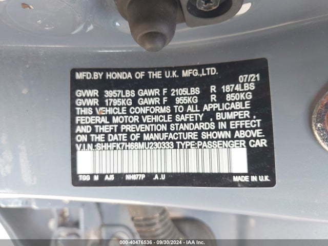 Honda CIVIC EX 2021 SHHFK7H68MU230333 Image 9