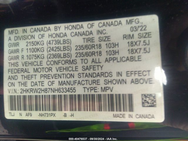 2HKRW2H87NH633455 Honda Cr-v Awd Ex-l