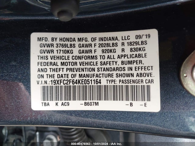 Honda Civic Lx 2019 19XFC2F64KE051164 Image 9